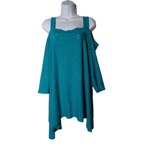 NY Collection Woman 2X Blouse Cold Shoulder Lace Cut Out Teal New Plus Vacay